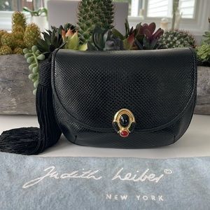 JUDITH LEIBER VINTAGE Black Snakeskin Bag With Jeweled Closure - RARE!